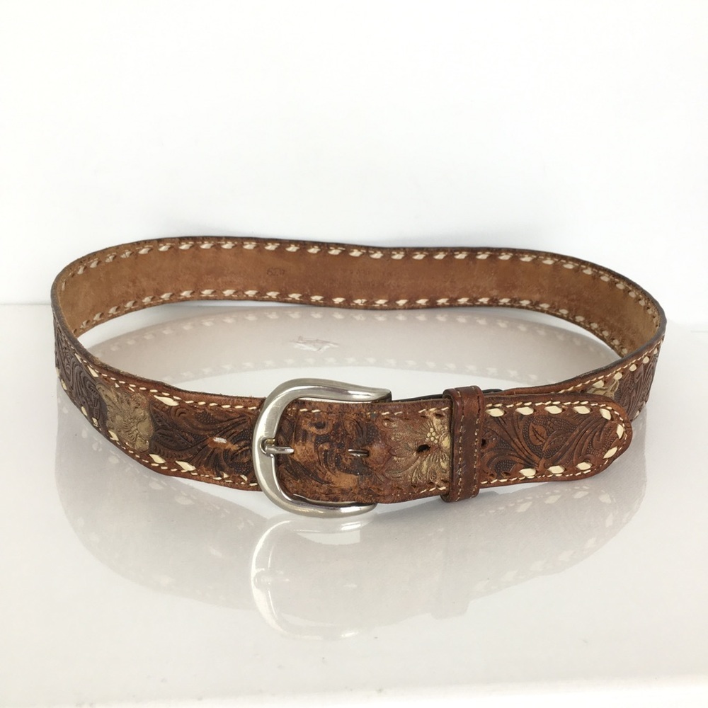 Vintage Made In The USA Brown Tooled Leather Belt Western Floral Distressed - Picture 7 of 10